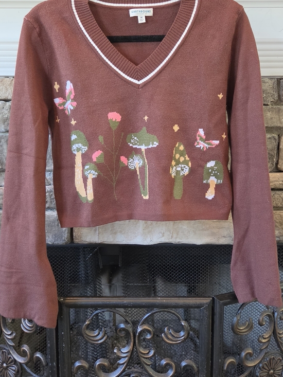 EARTHBOUND Sweaters - EARTHBOUND Rust Brown V-Neck Sweater with Green & Pink Mushroom Motifs